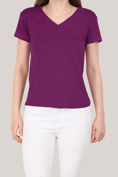 Kadın V Yaka T-shirt Mor