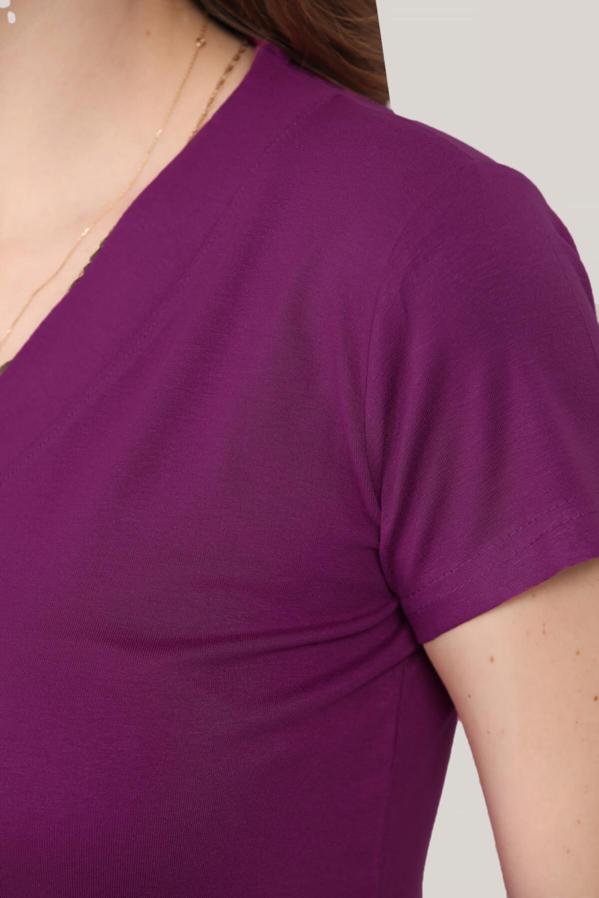 Kadın V Yaka T-Shirt Mor