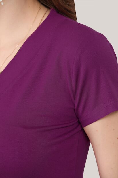 Kadın V Yaka T-shirt Mor