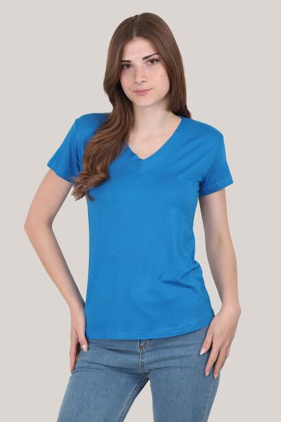 Kadın V Yaka T-shirt Saks