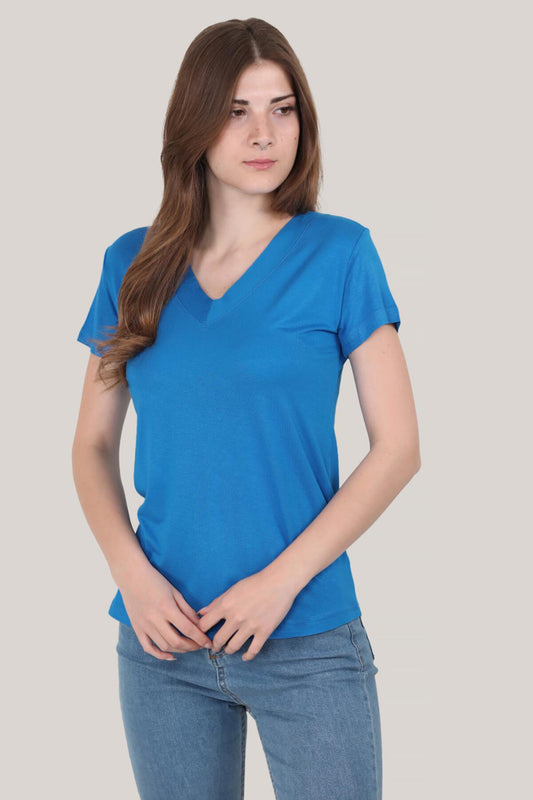 Kadın V Yaka T-Shirt Saks