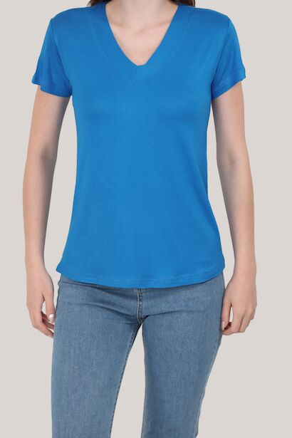 Kadın V Yaka T-shirt Saks