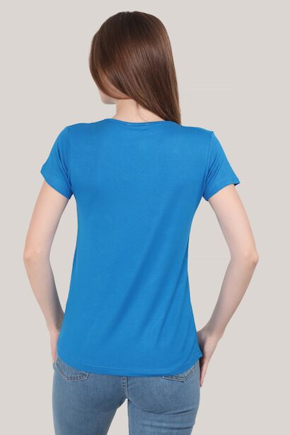 Kadın V Yaka T-shirt Saks