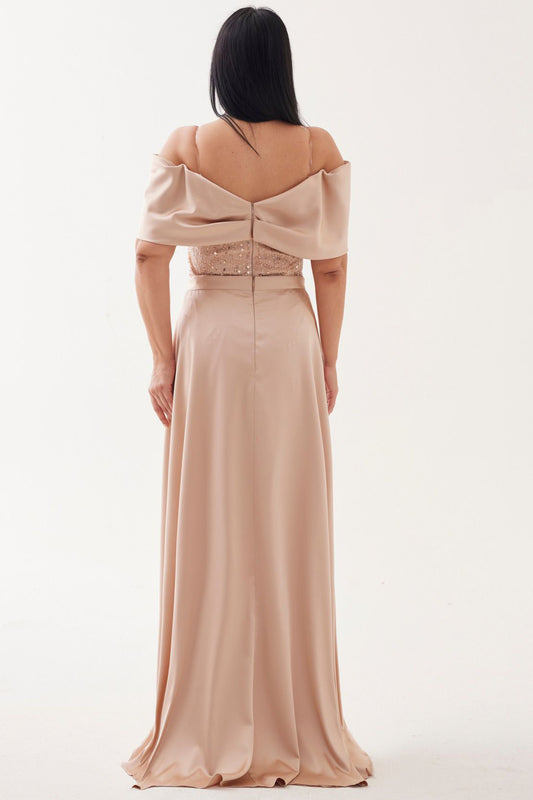 Büyük Beden Pul Boncuk İşlemeli Uzun Saten Abiye Bej