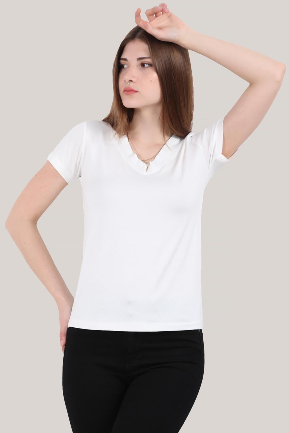 Kadın V Yaka T-shirt Ekru