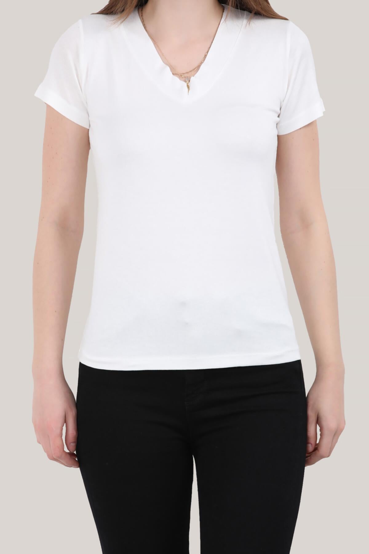 Kadın V Yaka T-shirt Ekru