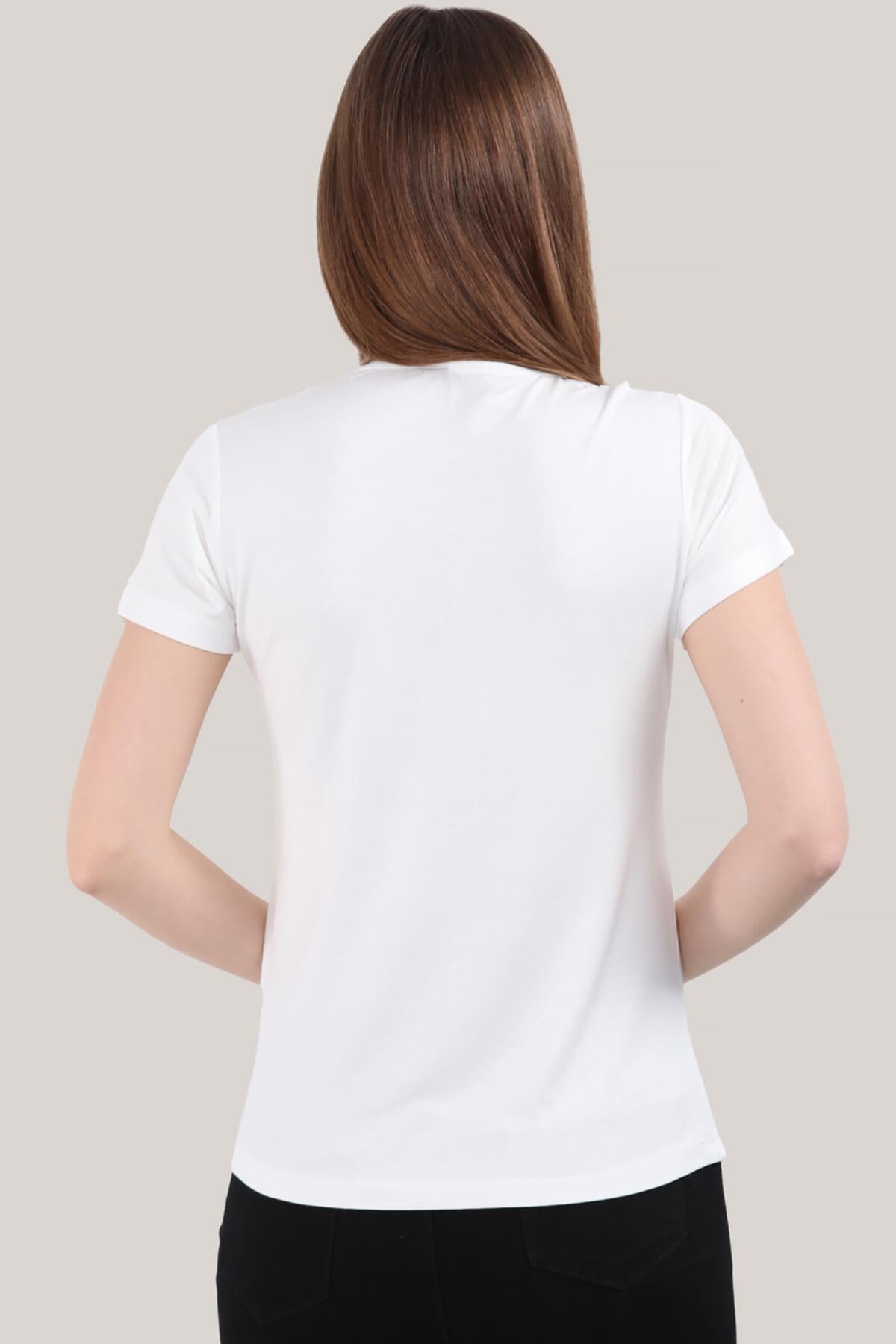 Kadın V Yaka T-shirt Ekru