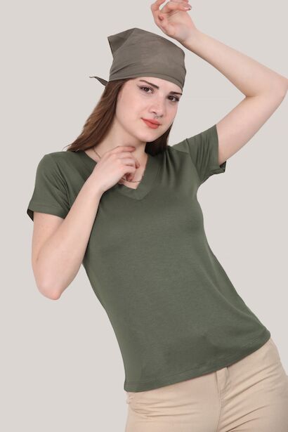 Kadın V Yaka T-shirt Haki