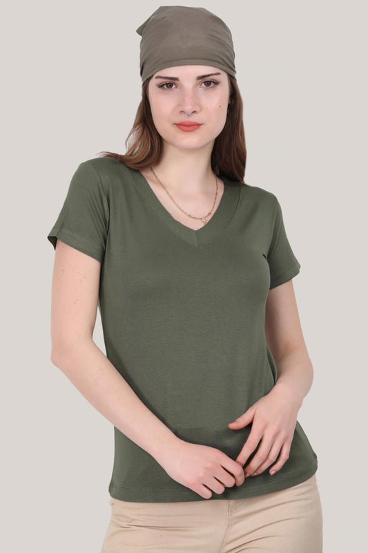 Kadın V Yaka T-Shirt Haki