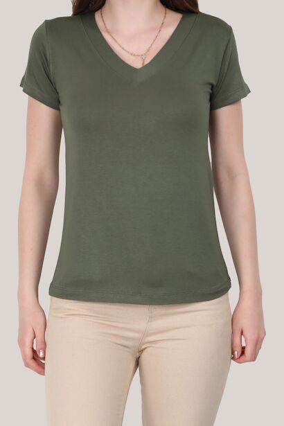 Kadın V Yaka T-shirt Haki