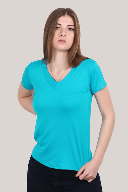 Kadın V Yaka T-shirt Mavi