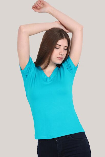Kadın V Yaka T-shirt Mavi