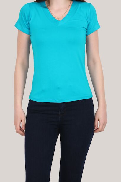 Kadın V Yaka T-shirt Mavi