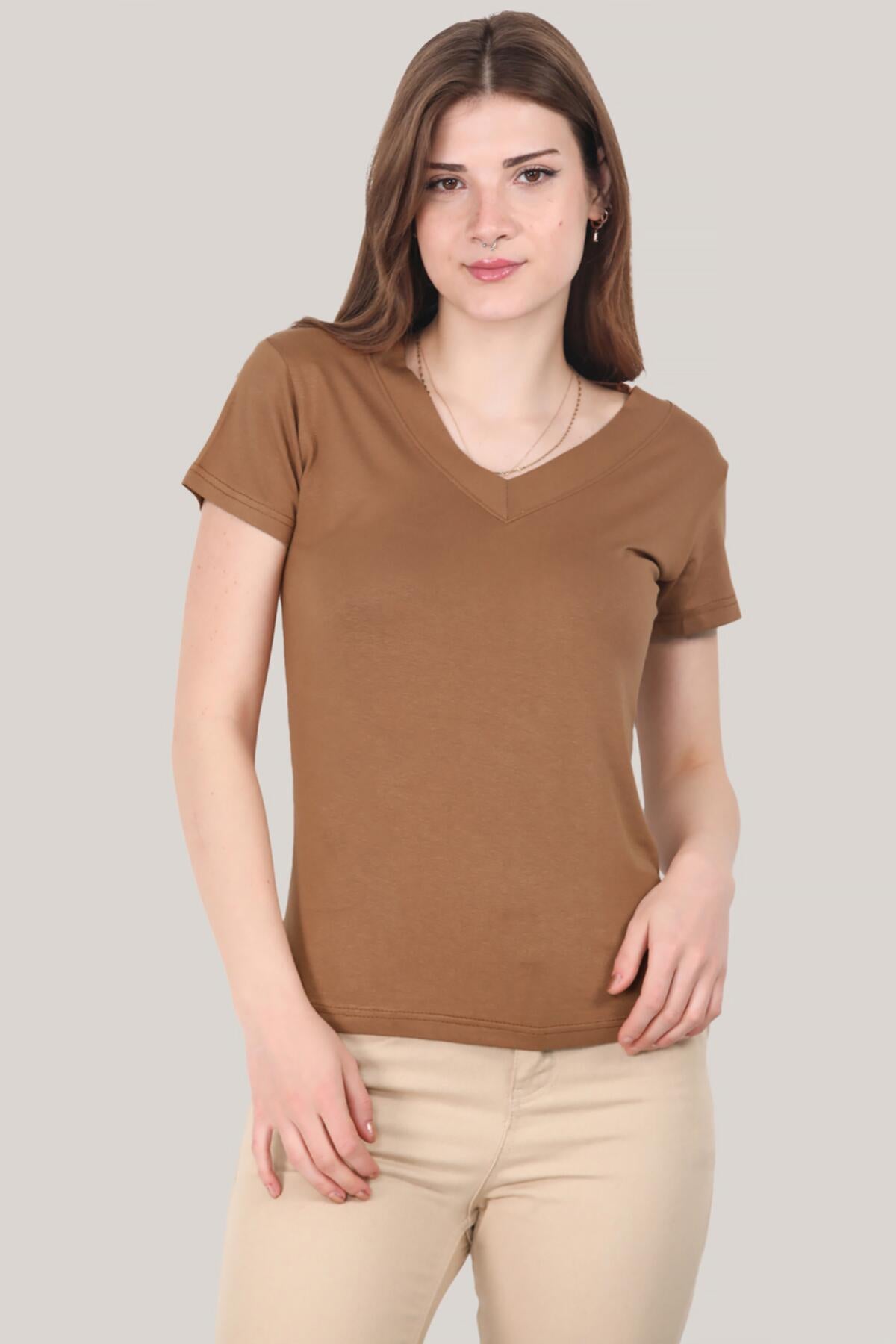 Kadın V Yaka T-shirt Vizon