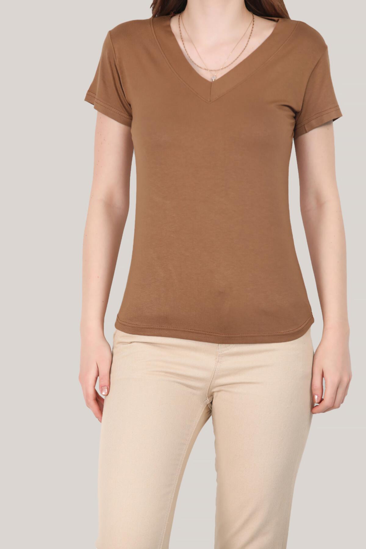 Kadın V Yaka T-shirt Vizon