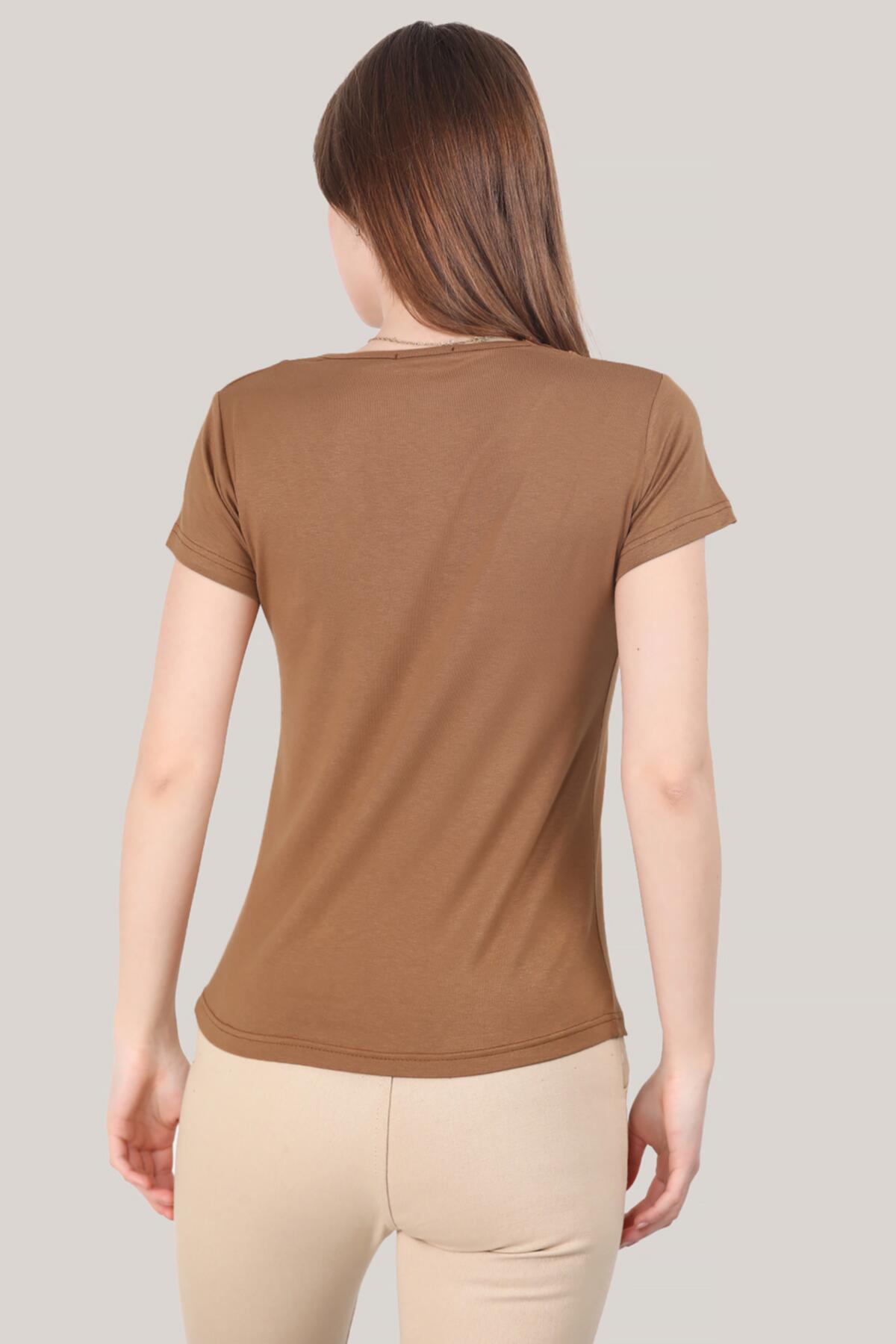 Kadın V Yaka T-shirt Vizon