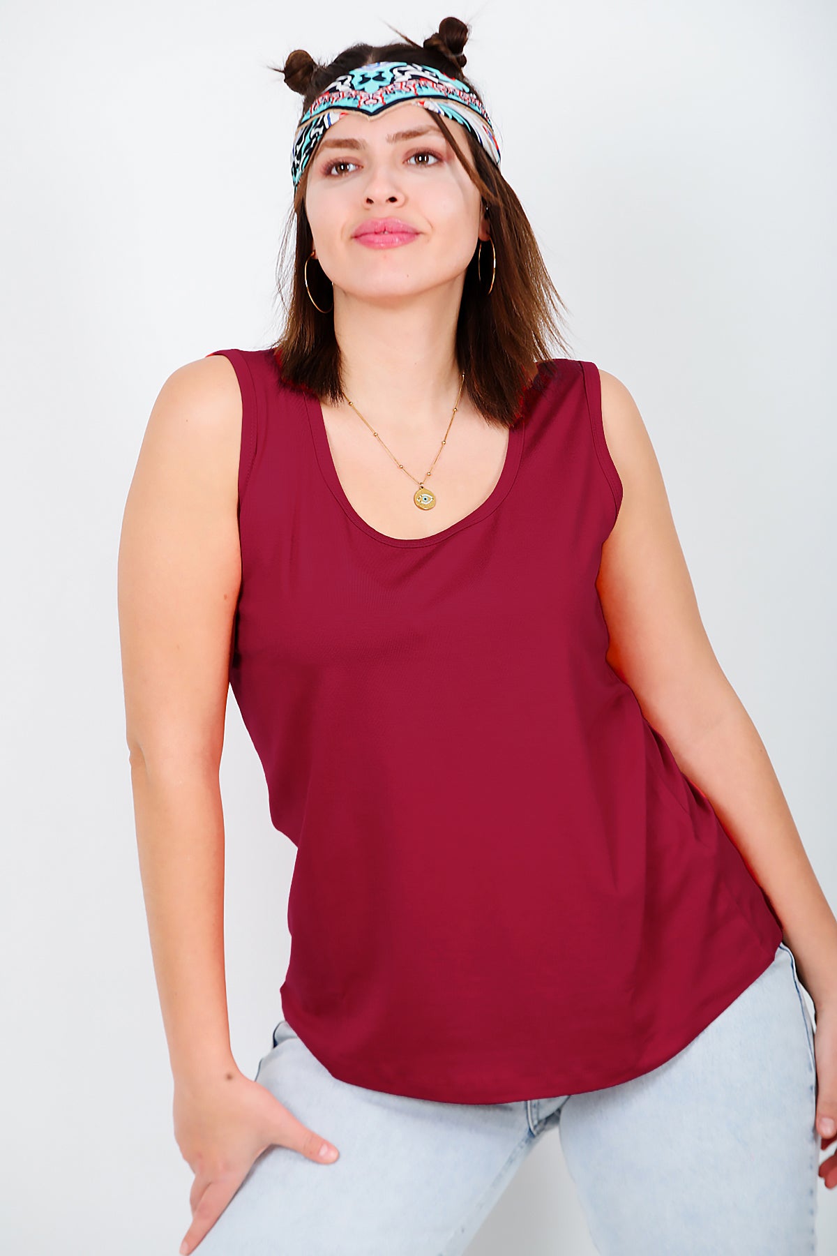 Büyük Beden Askılı T-shirt Bordo
