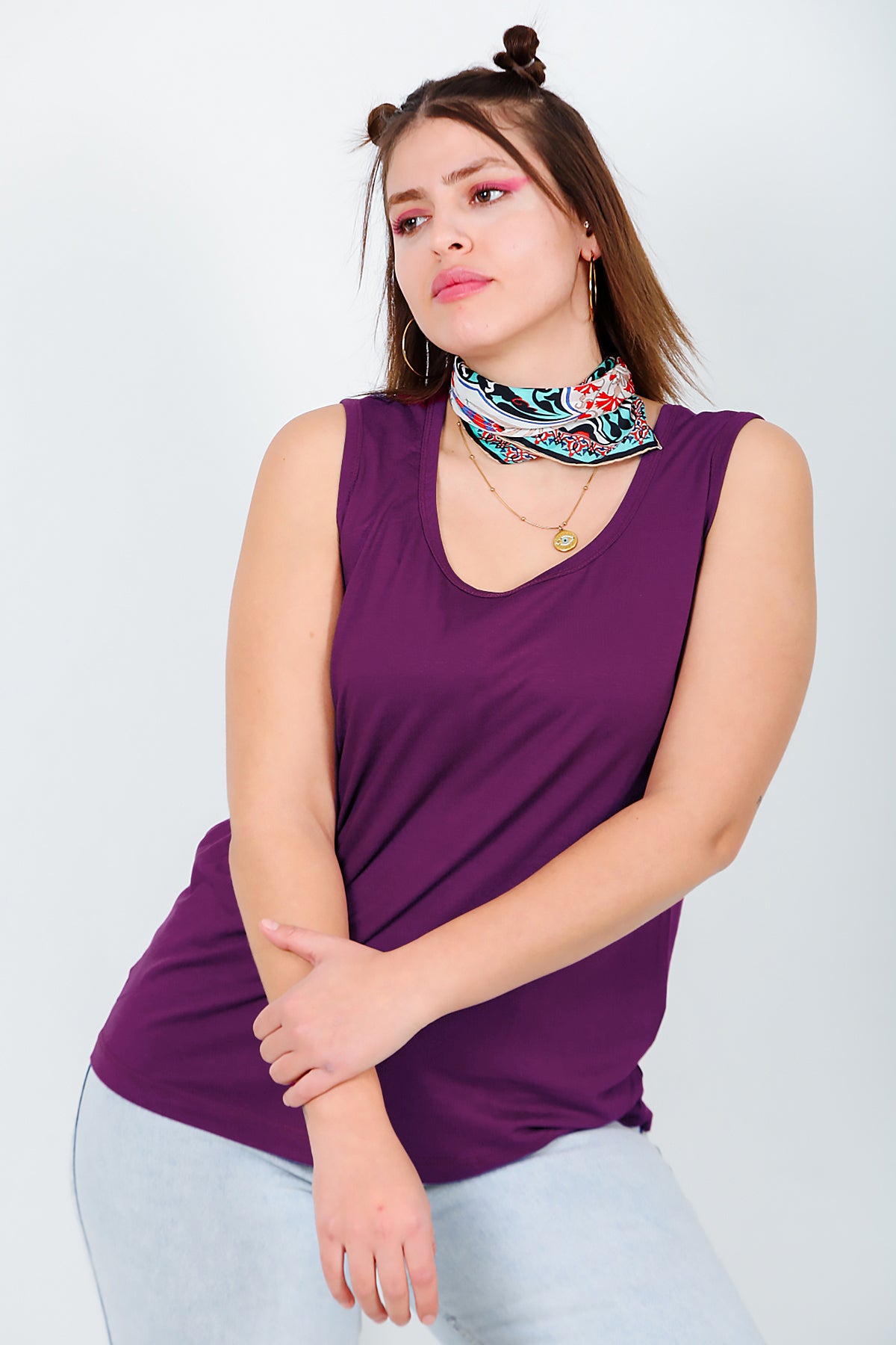 Büyük Beden Askılı T-shirt Mürdüm