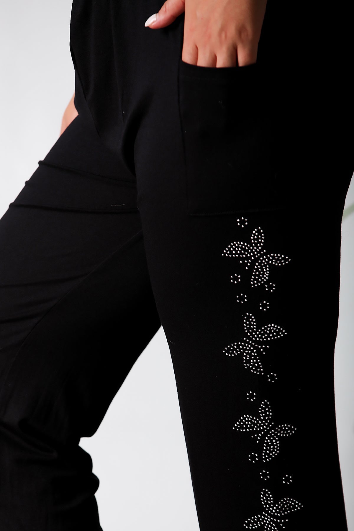 Büyük Beden Yanları Taşlı Şalvar Black