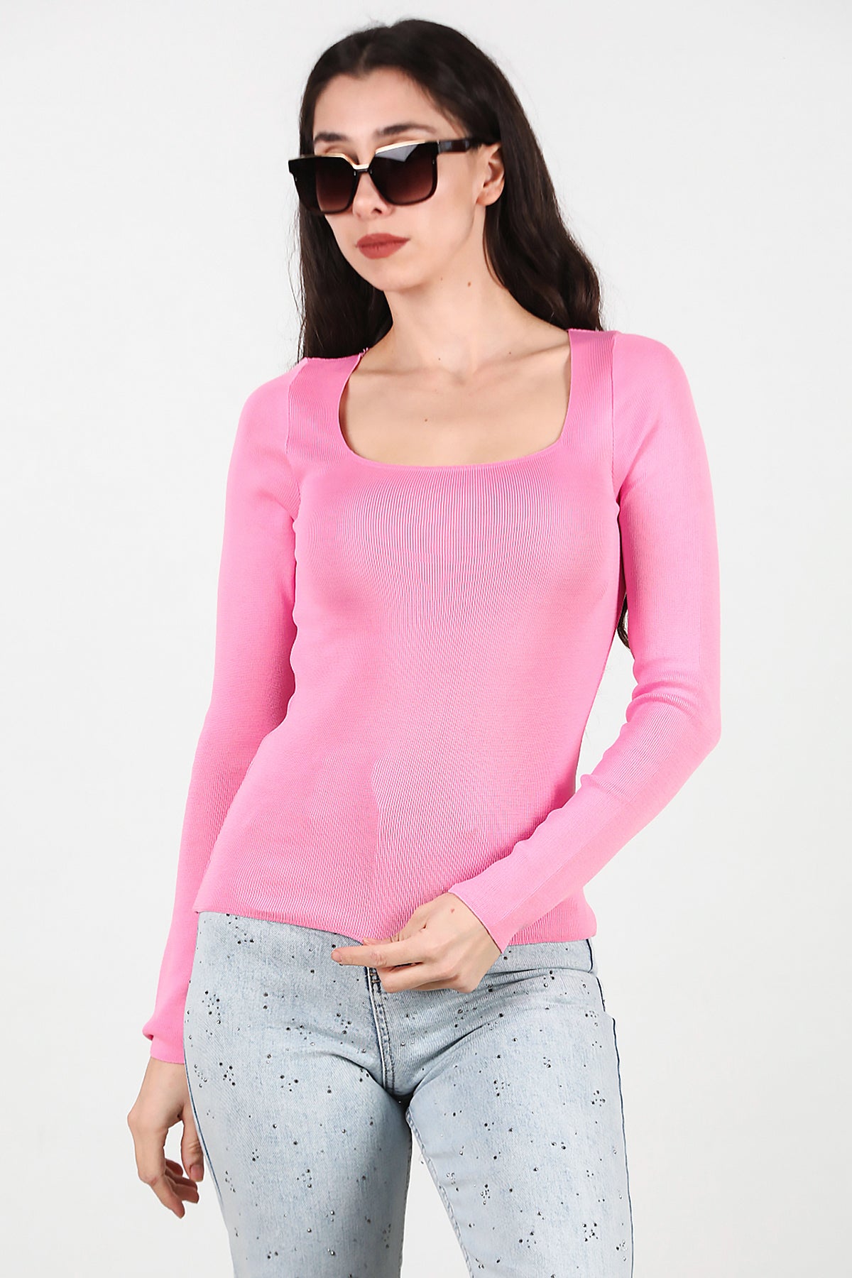 Kadın Kare Yaka Bluz Pembe