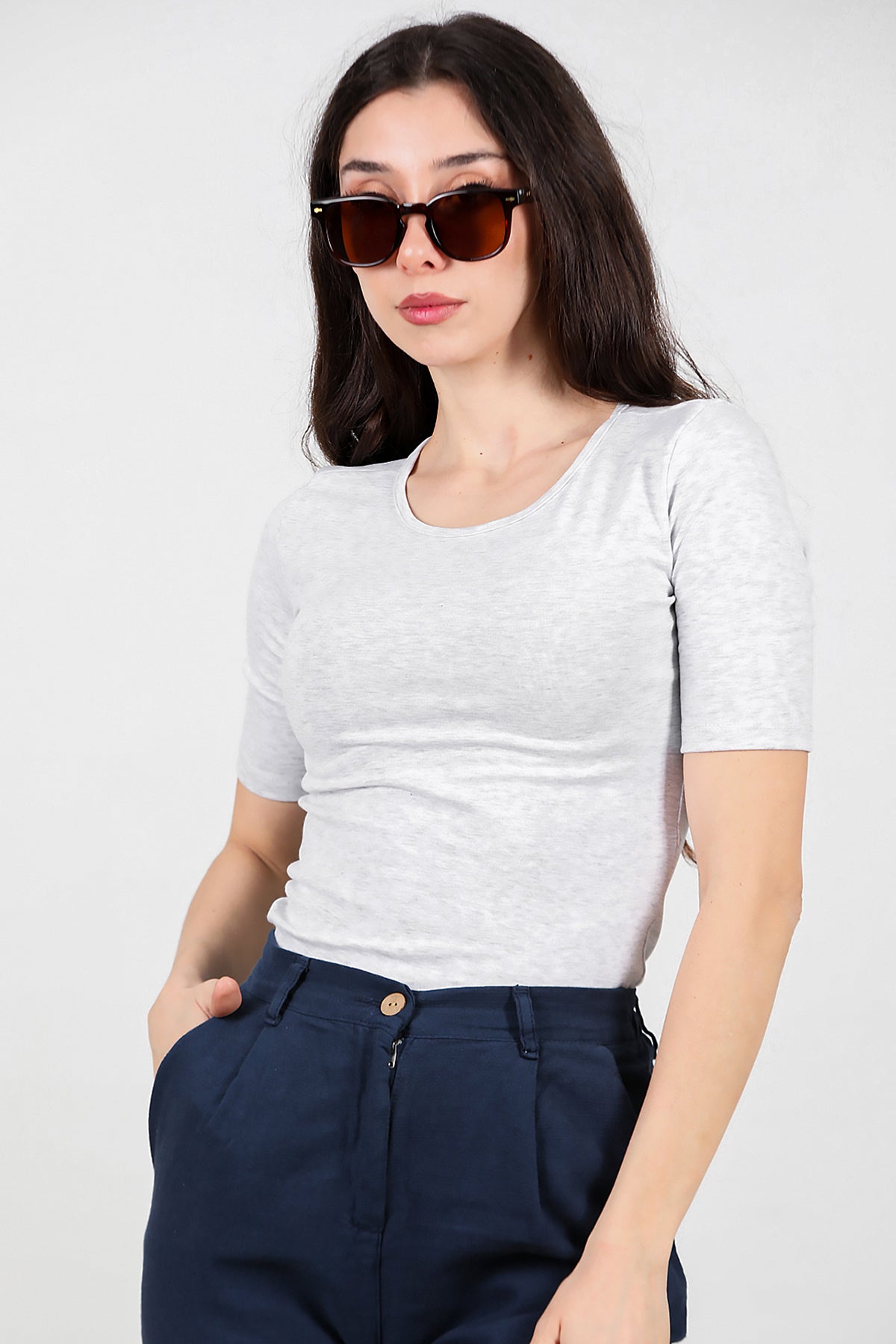 Kadın Bisiklet Yaka T- Shirt Gri
