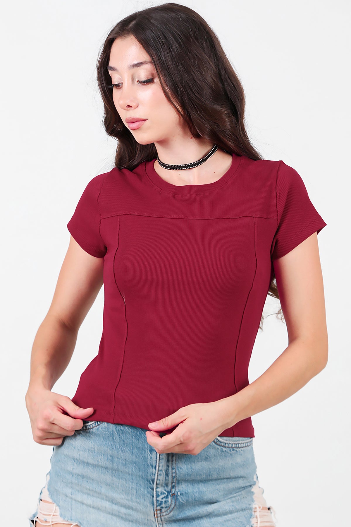 Kadın Fitilli Parçalı Bluz Bordo