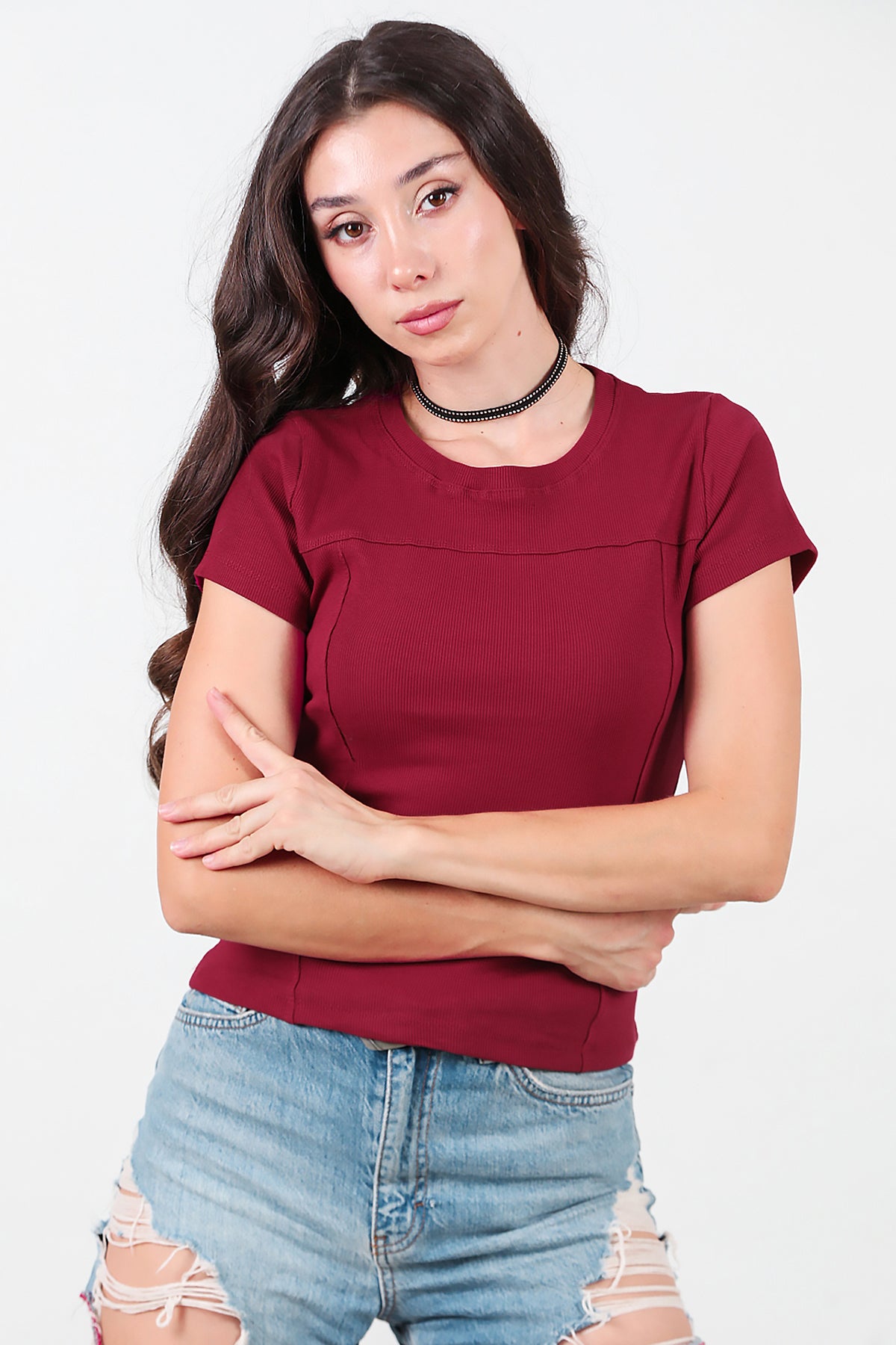 Kadın Fitilli Parçalı Bluz Bordo