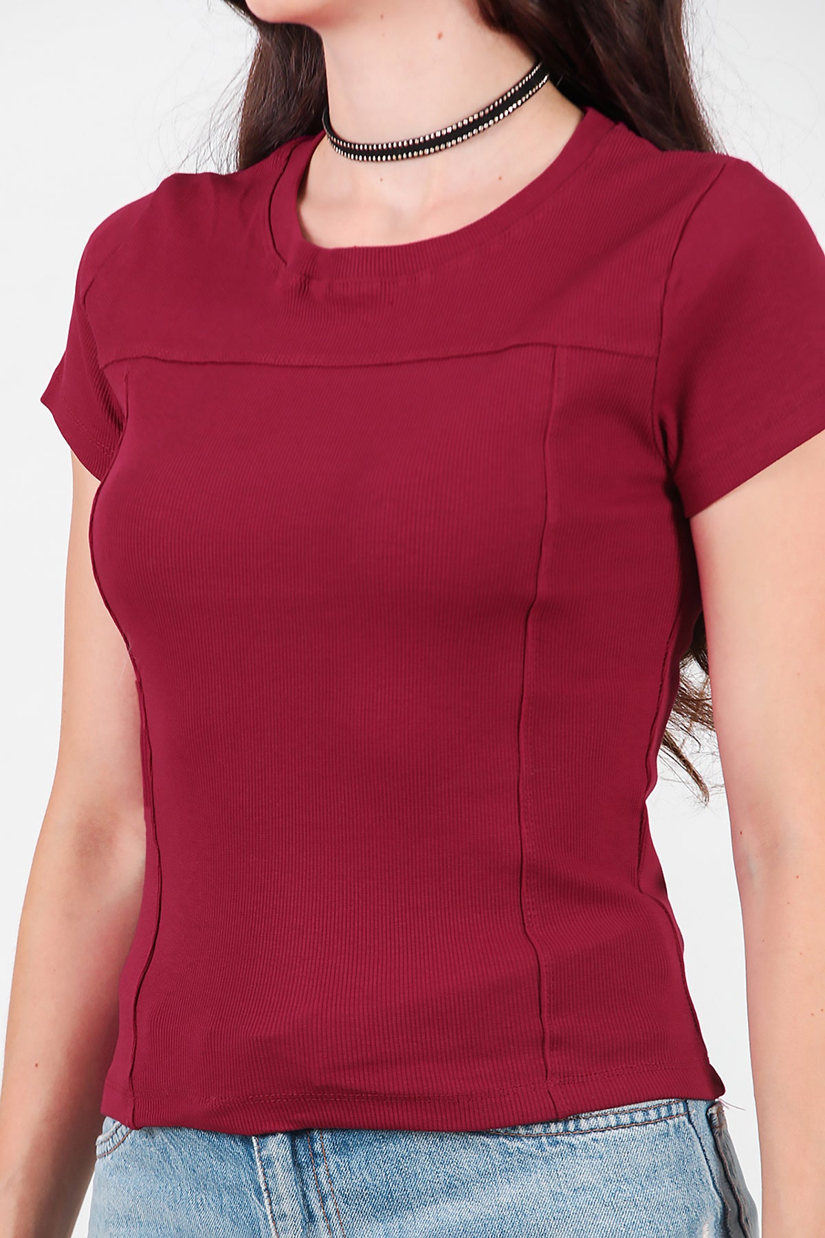 Kadın Fitilli Parçalı Bluz Bordo