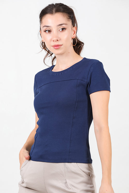 Kadın Fitilli Parçalı Bluz Lacivert