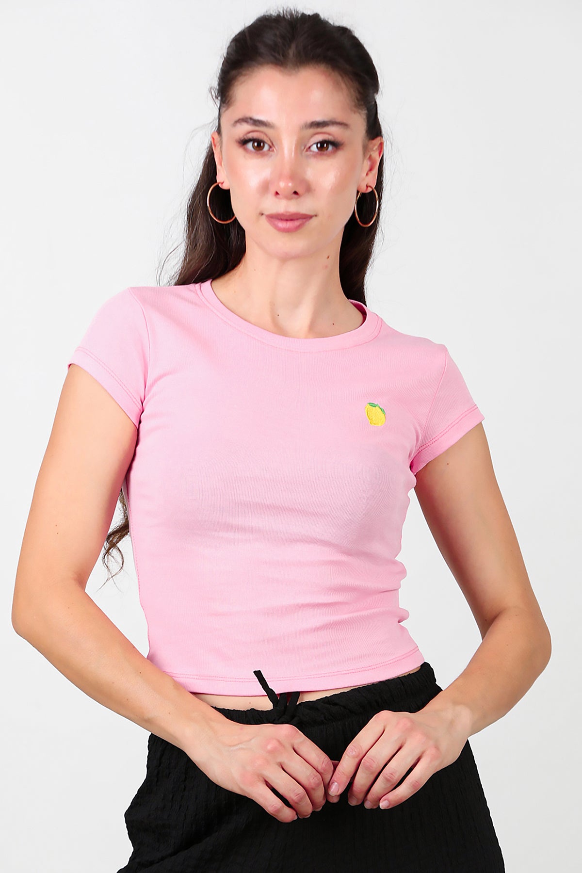 Kadın Limon Nakışlı Bluz Pembe