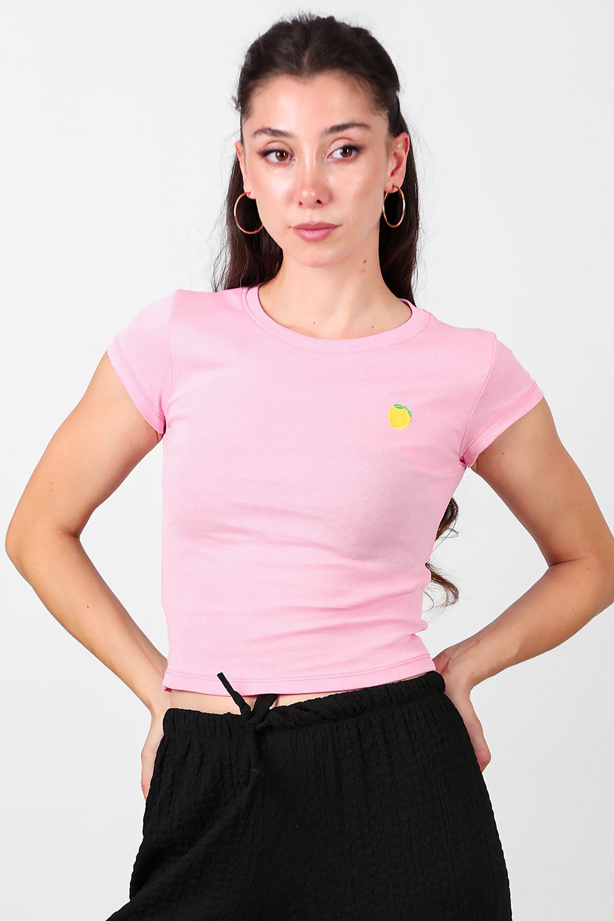 Kadın Limon Nakışlı Bluz Pembe