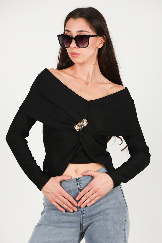 Kadın Şal Yaka Aksesuar Detay Bluz Siyah