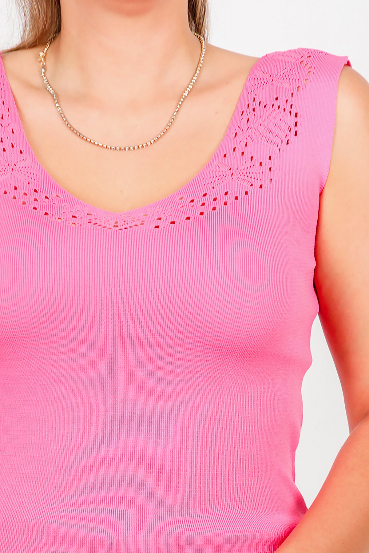 Büyük Beden Dantelli Triko Bluz Pembe