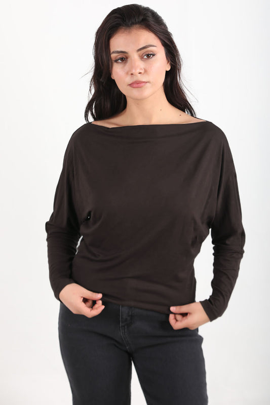 Boatneck Kadın Kayık Yaka Yarasa Kol Bluz Kahverengi