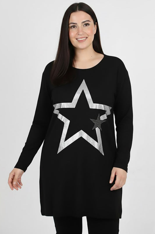 Glowia Büyük Beden Yıldız Varaklı Bluz Siyah