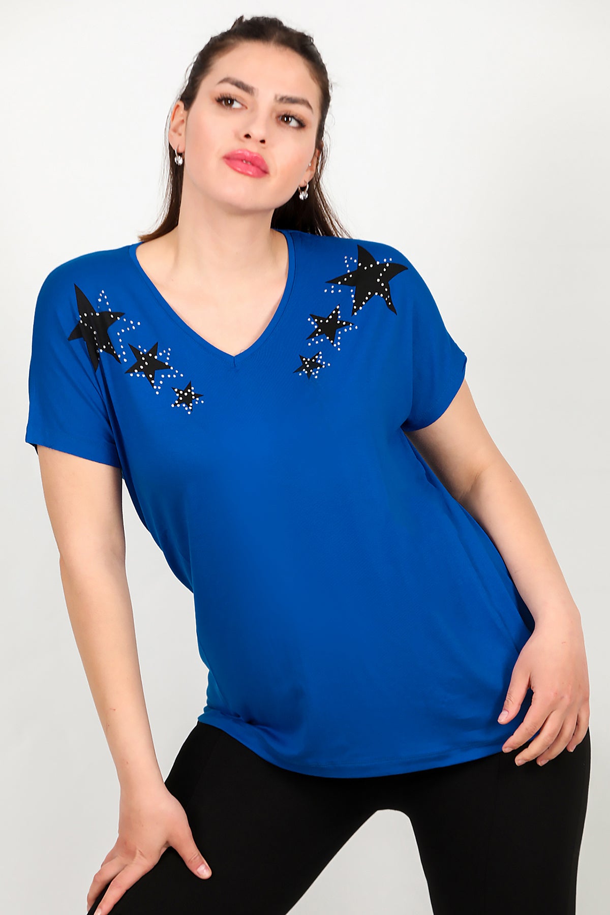 Büyük Beden V Yaka Yıldızlı Bluz Saks