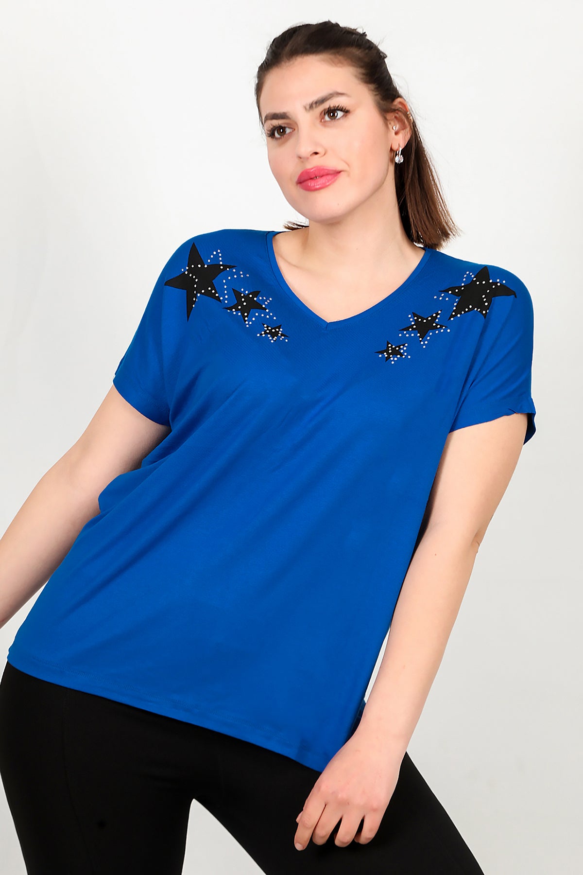 Büyük Beden V Yaka Yıldızlı Bluz Saks