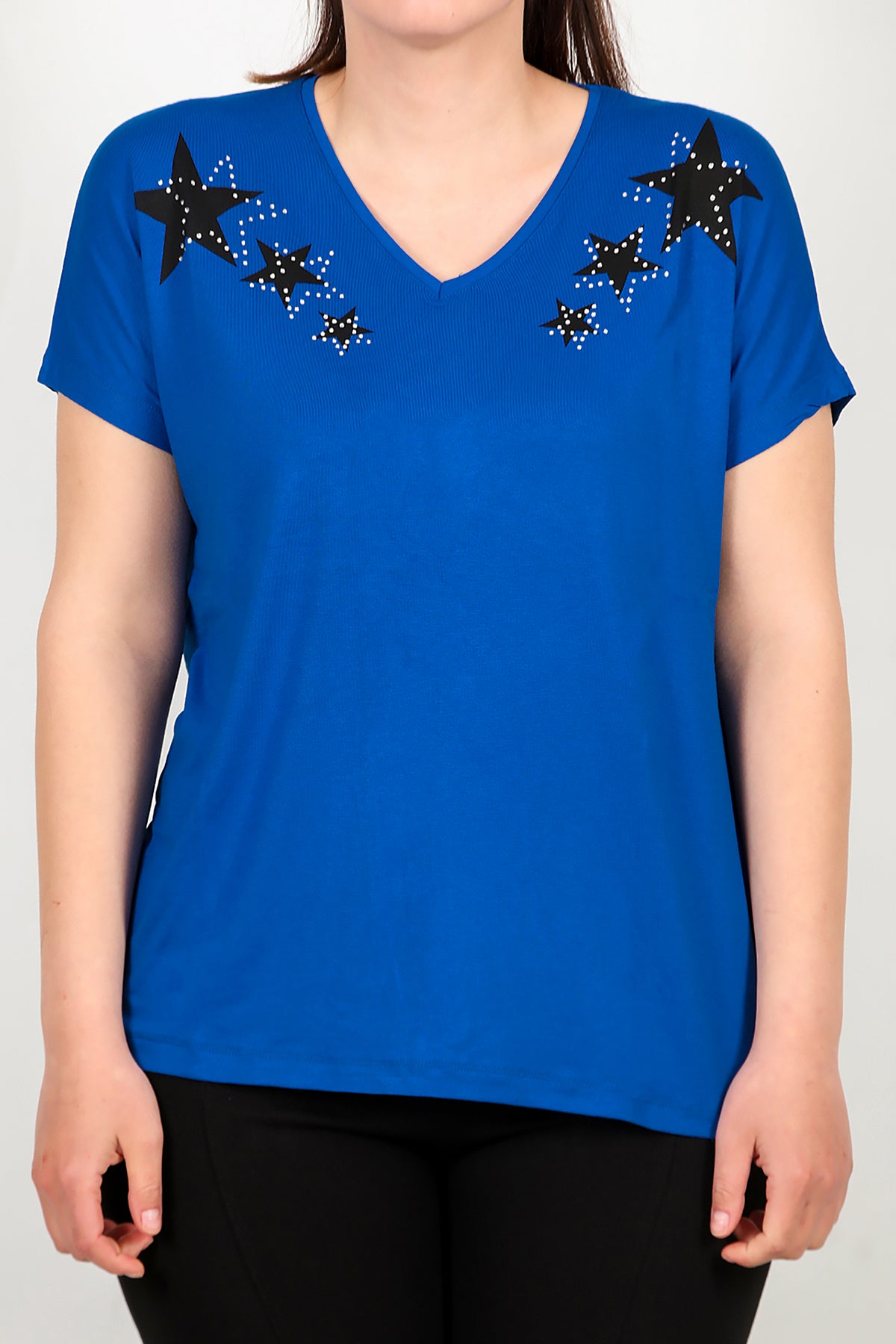 Büyük Beden V Yaka Yıldızlı Bluz Saks