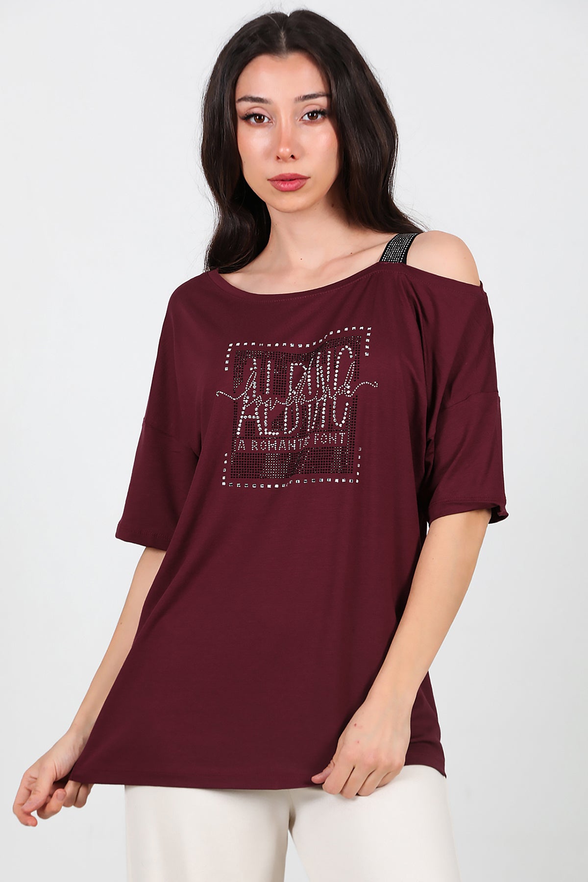 Kadın Taşlı Bluz Bordo