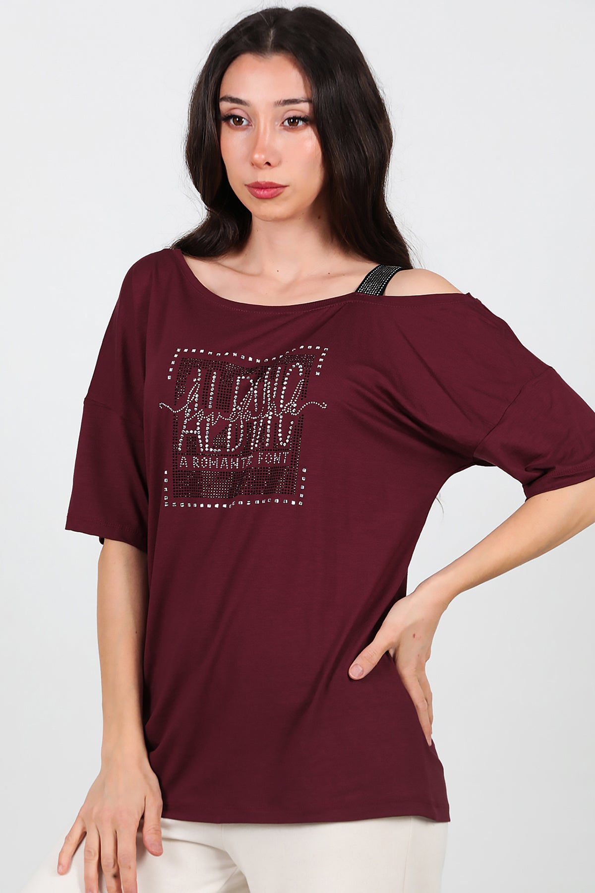 Kadın Taşlı Bluz Bordo