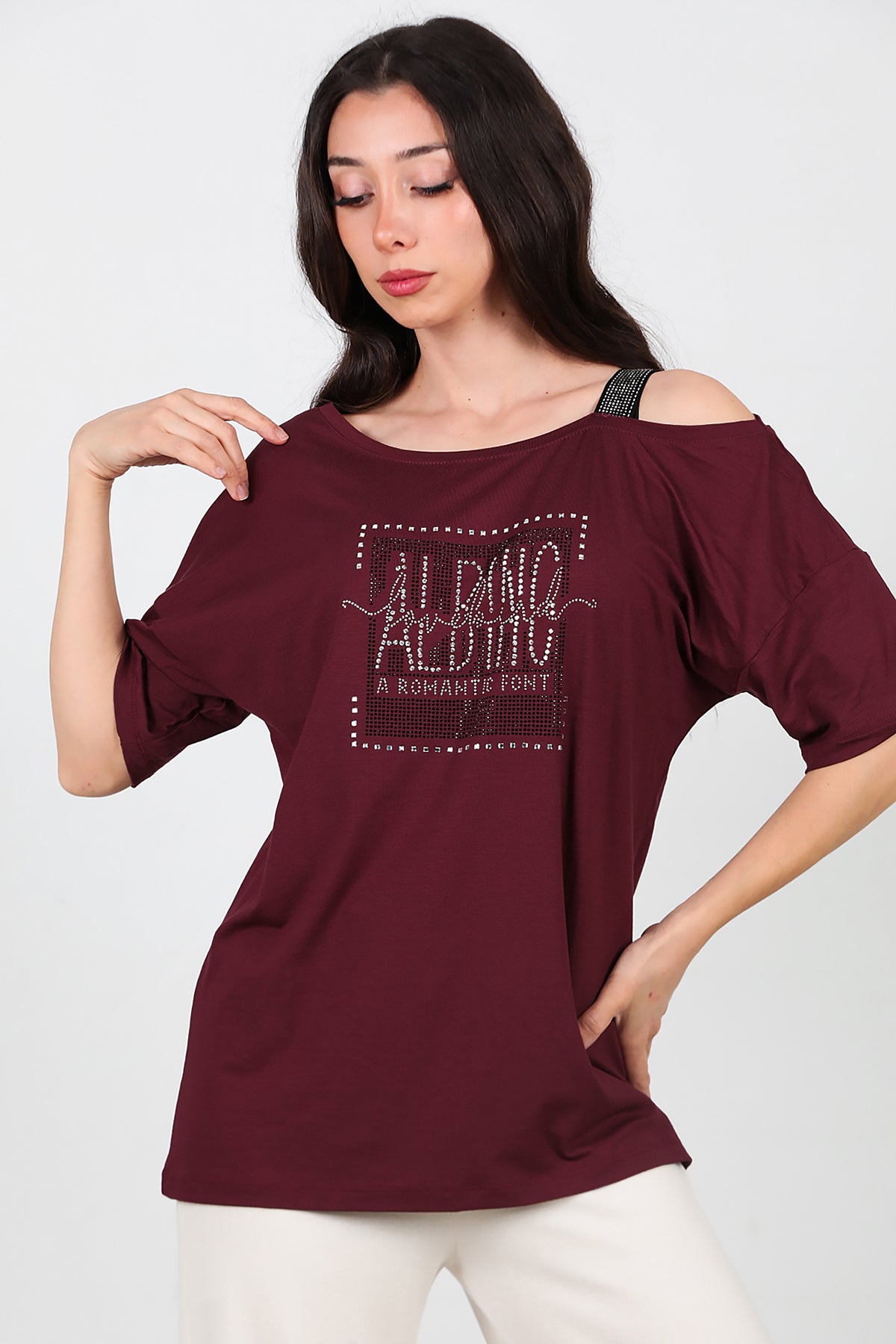 Kadın Taşlı Bluz Bordo