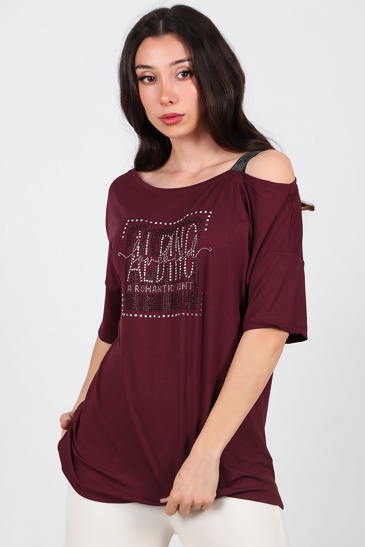 Kadın Taşlı Bluz Bordo