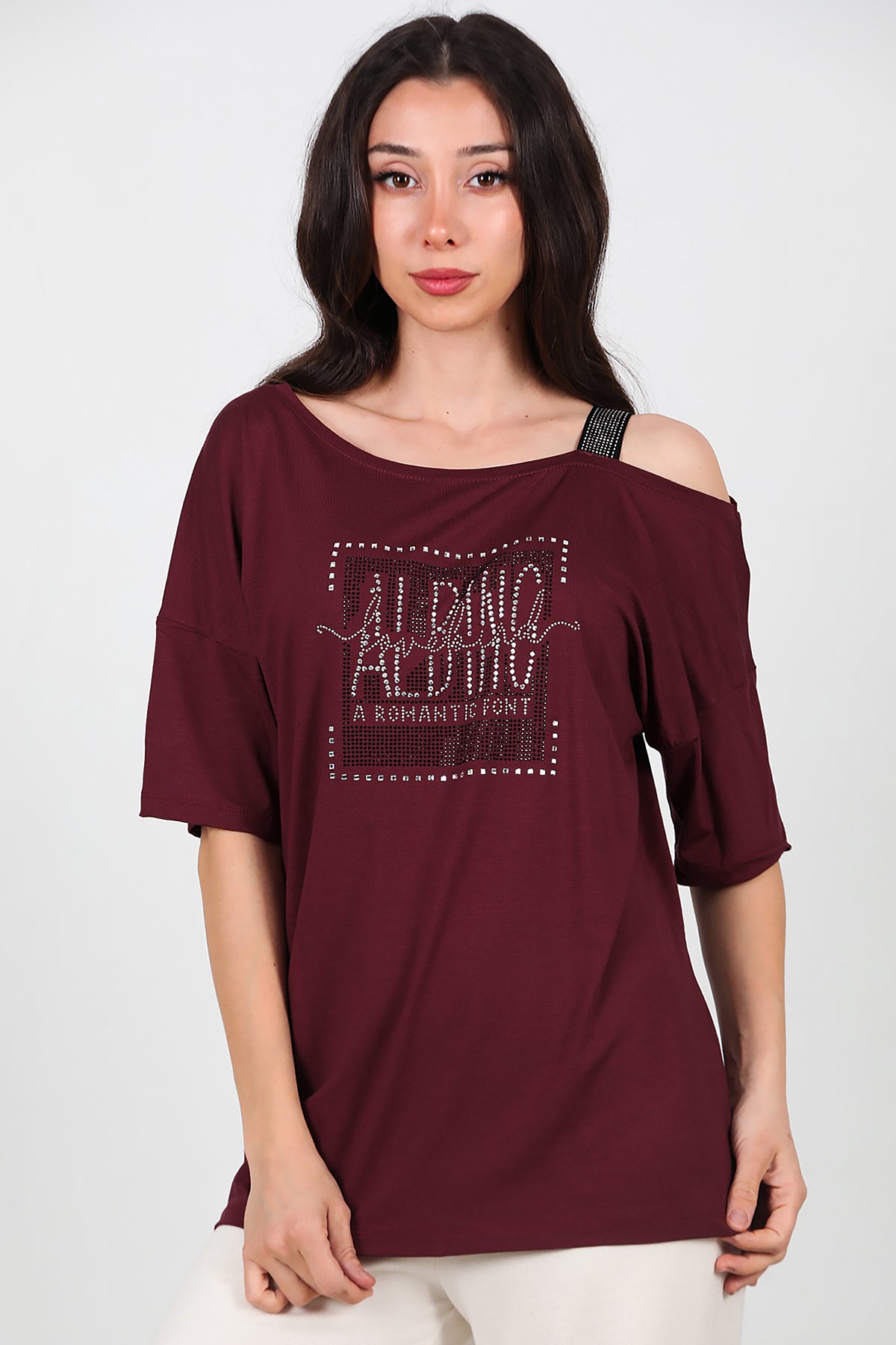 Kadın Taşlı Bluz Bordo