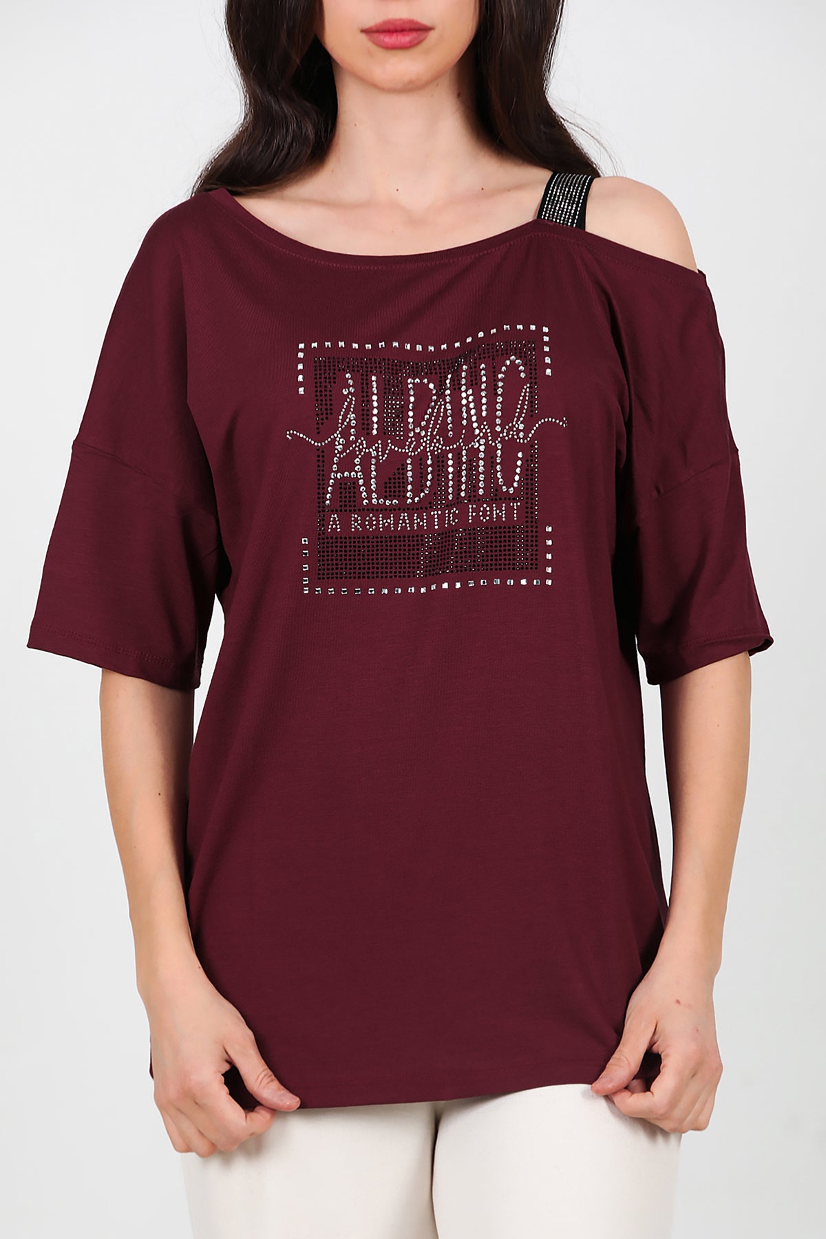 Kadın Taşlı Bluz Bordo
