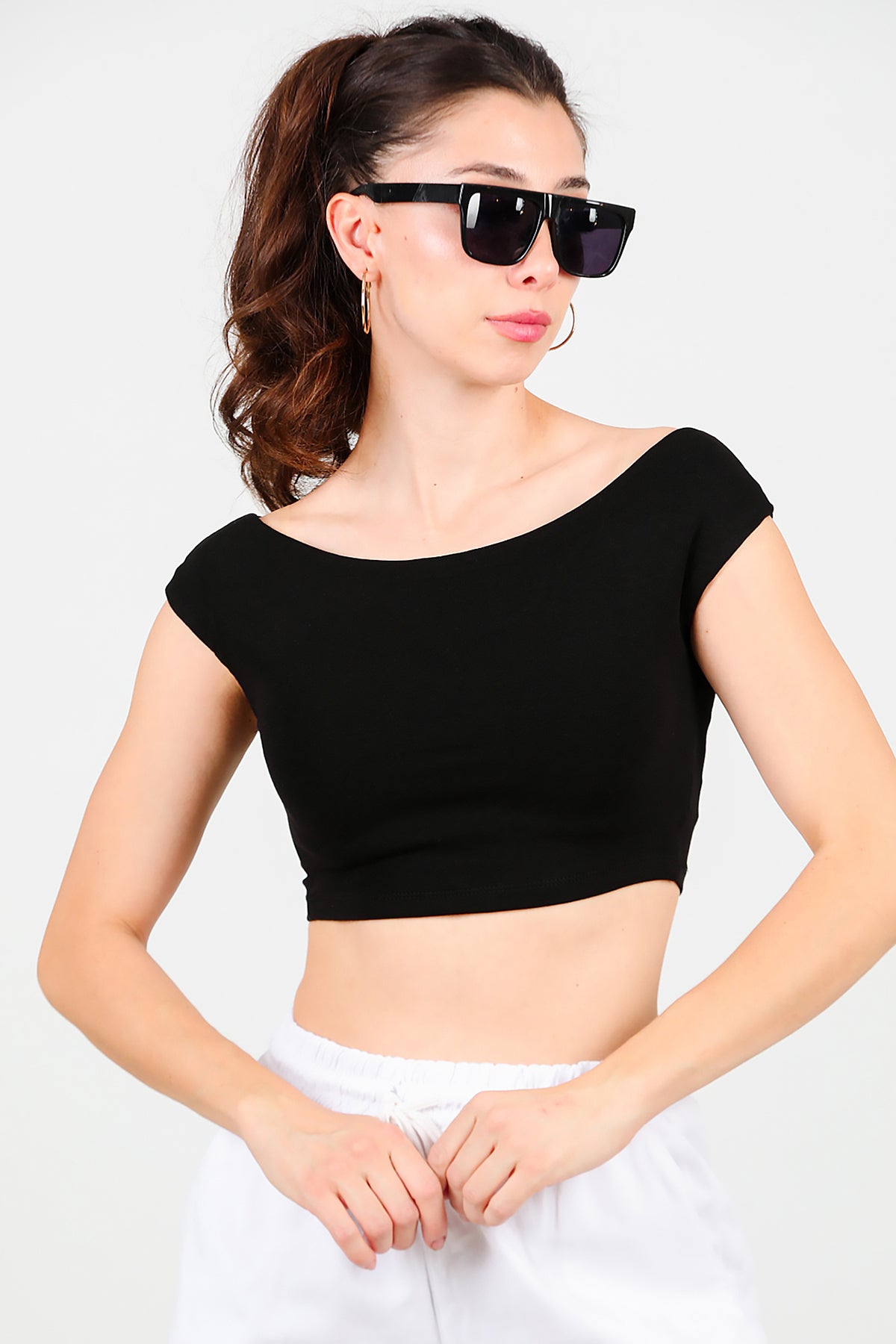 Kadın Kayık Yaka Crop Bluz Siyah