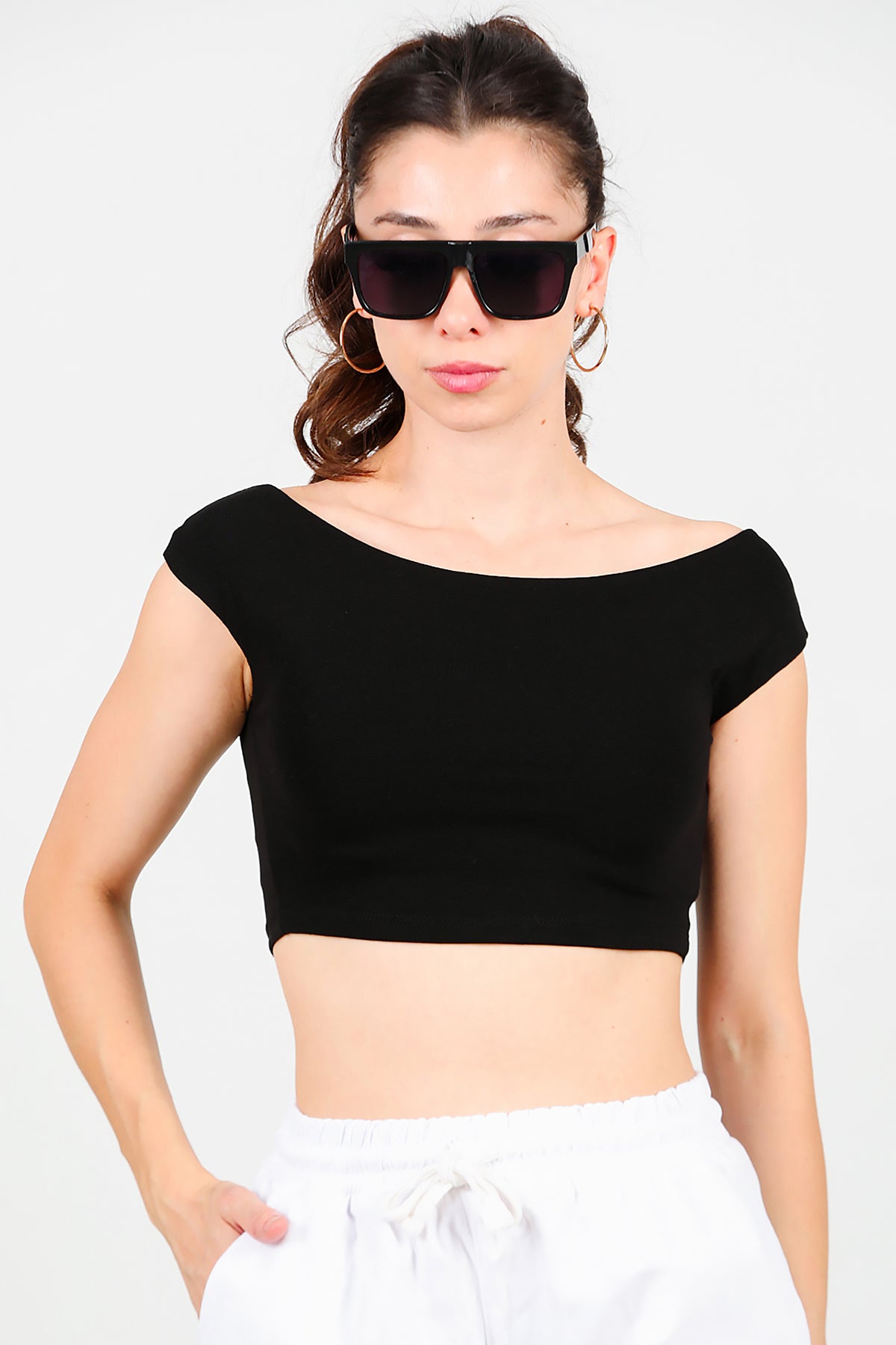 Kadın Kayık Yaka Crop Bluz Siyah