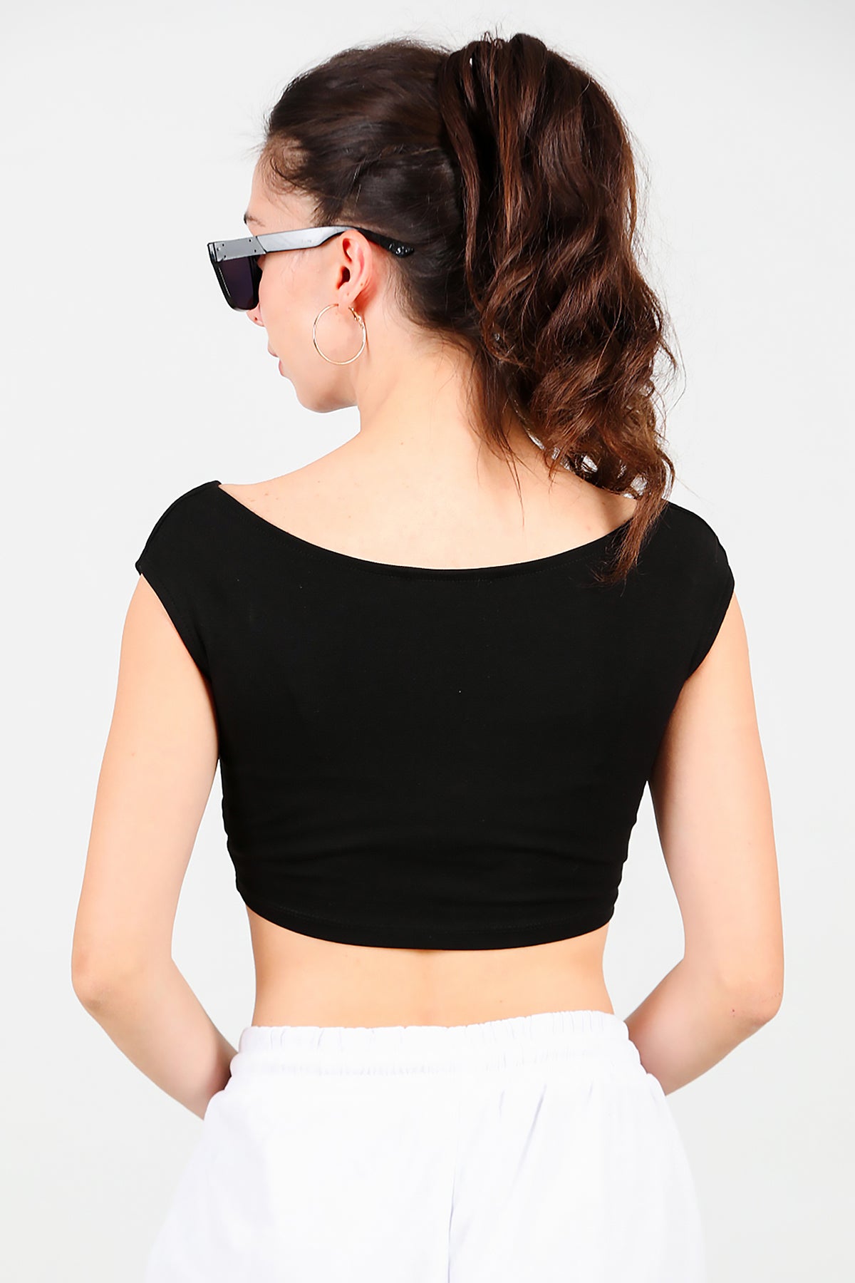 Kadın Kayık Yaka Crop Bluz Siyah