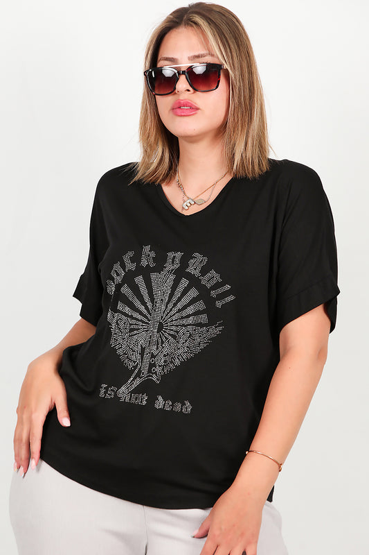 Büyük Beden Taş İşlemeli Bluz Siyah