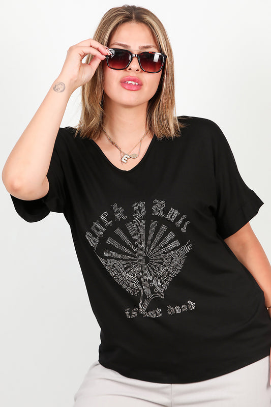 Büyük Beden Taş İşlemeli Bluz Siyah