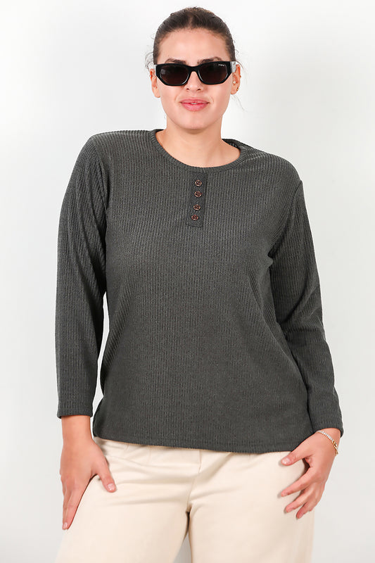 Büyük Beden Önü Düğmeli Triko Bluz Haki